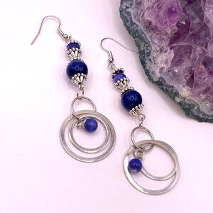 Royal Blue Cat's Eye Gemstone Beads Silver Hoop Handmade Pierced Earrings LR133